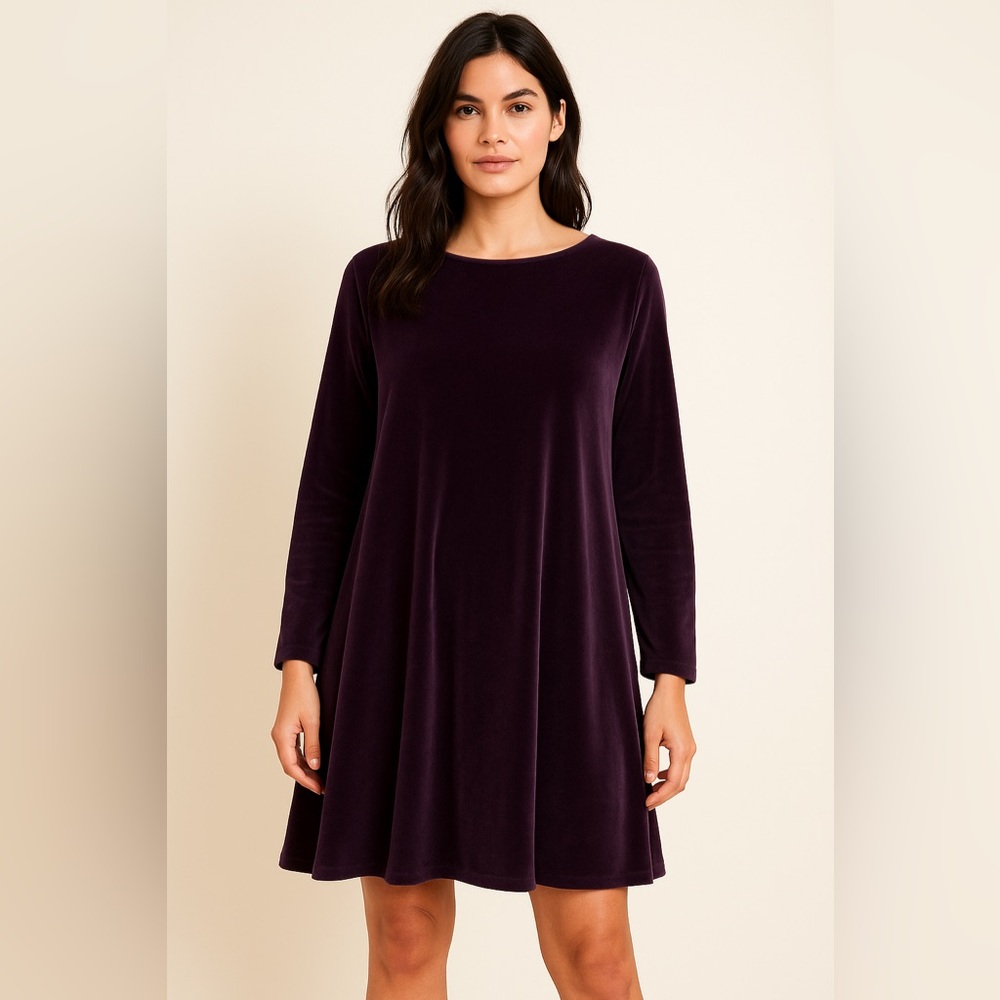 TWEEDS Velvet A-Line Dress Purple Long Sleeve Soft Stretchy Size L Whimsigoth